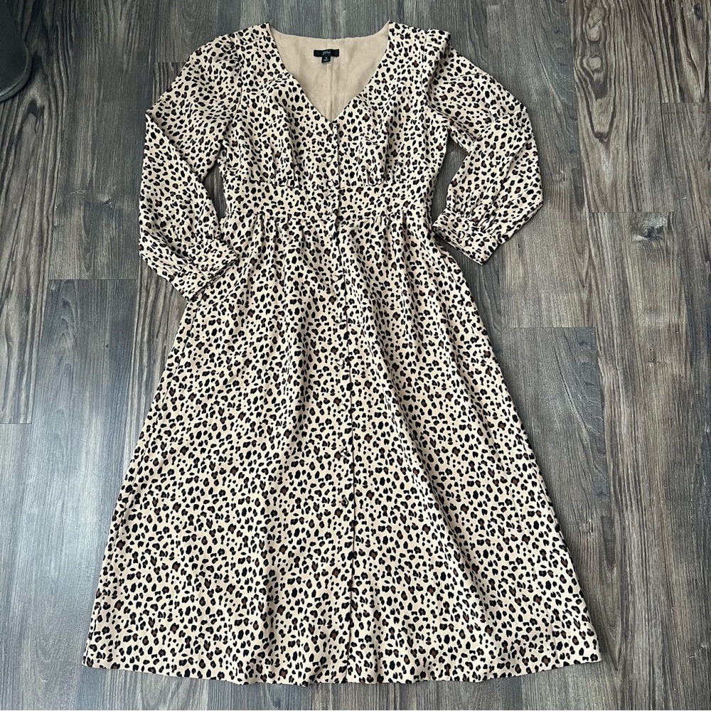 J. Crew Animal Leopard Print Long Sleeve Button Front Midi Dress
